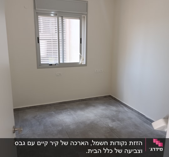 חדר מגורים משופץ וריק עם ריצוף גרניט פורצלן אפור וקירות צבועים